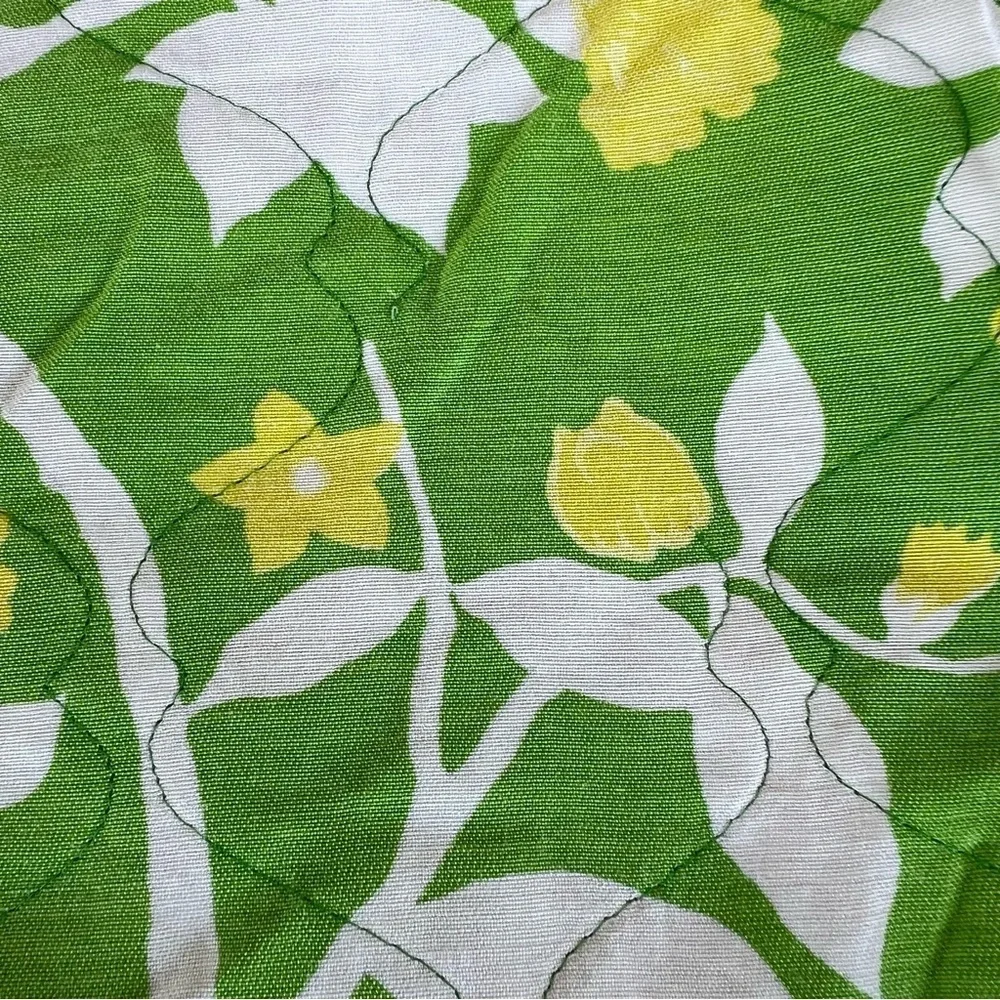 Vintage MCM Quilted Coverlet Bedspread Retro Floral Green Yellow 96x102 GUC